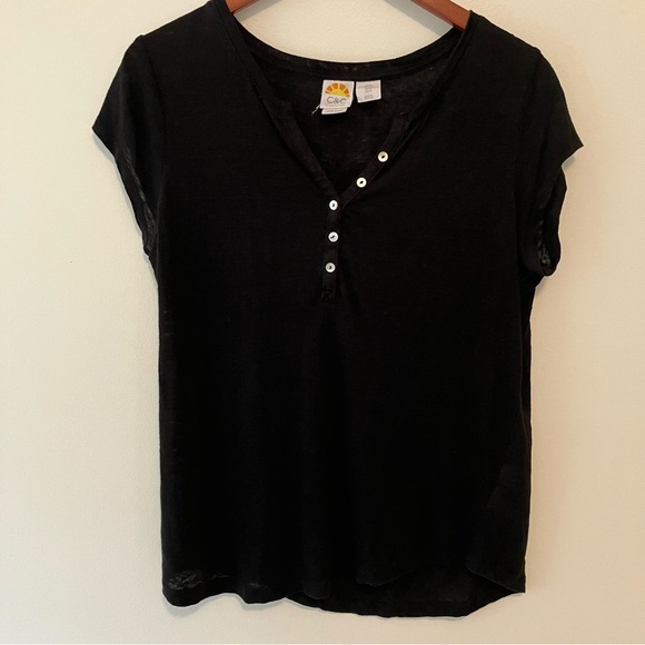 C & C California Black Women Linen Shirt Cap Sleeve Henley M Shell Buttons - Picture 1 of 6